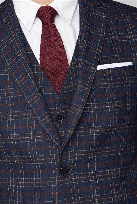 Limehaus Navy Red Checked Slim Fit Waistcoat Suit Direct