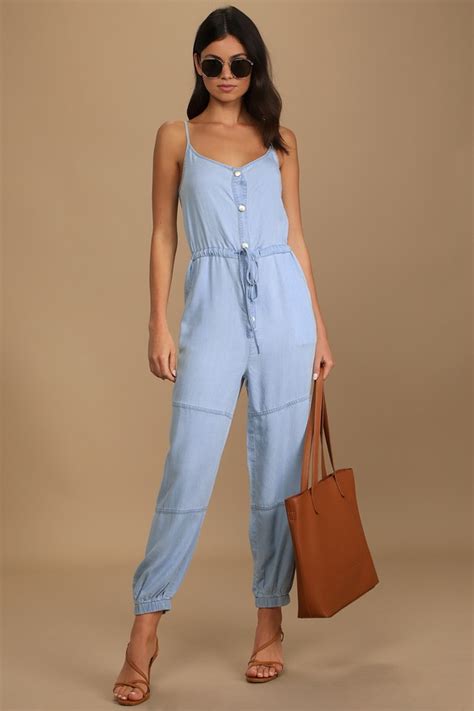 Blue Chambray Jumpsuit Jogger Jumpsuit Button Front Jumpsuit Lulus