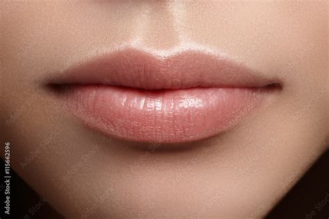 Perfect Natural Lip Makeup Close Up Macro Photo With Beautiful Female