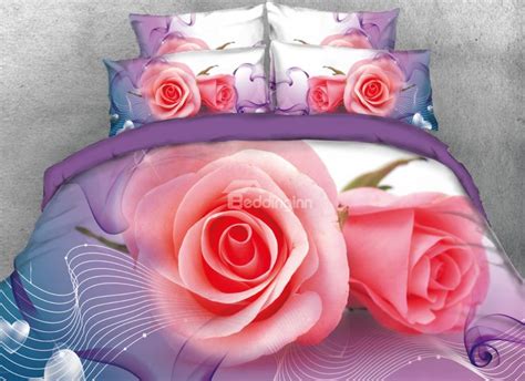 Onlwe 3d Pink Roses Printed 4 Piece Bedding Sets Duvet Cover Pink