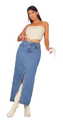 Saia Midi Jeans Cintura Alta Marmorizada Fenda Frontal Frete Gr Tis