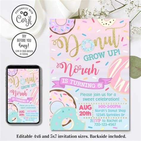 Editable Donut Invitation Donut Grow Up Invitation 4x6 And 5x7 Etsy