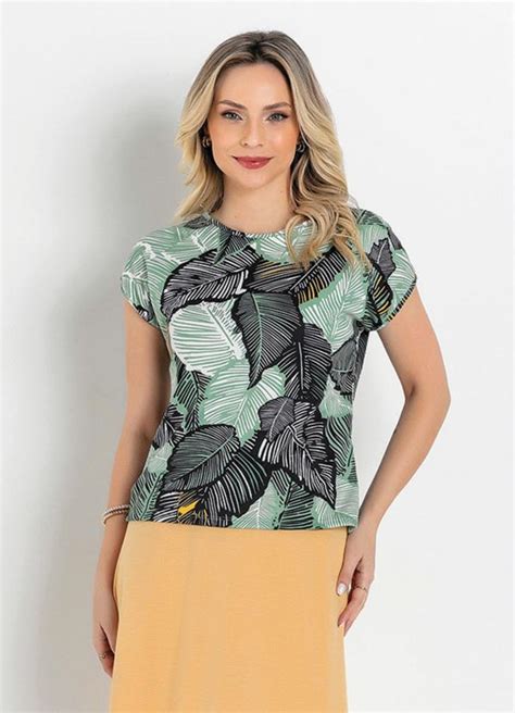 Blusa Manga Curta Folhagem Verde Moda Evangélica Rosalie