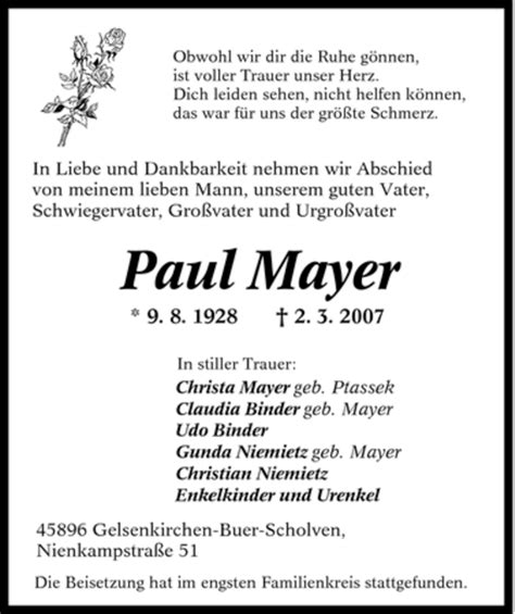 Traueranzeigen Von Paul Mayer Trauer In NRW De