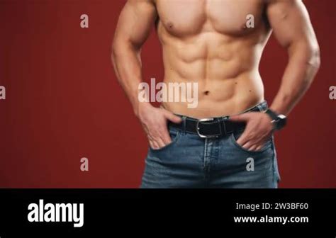 Naked Torso Of Athlete Muscular Body Of A Sportive Athlete In Jeans Healthy Sportsman In The