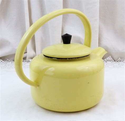 French Vintage Mid Century Bright Yellow Enamel Kettle With Large Handle Retro 1960s Unique