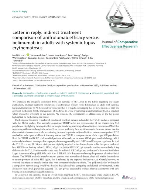 Pdf Letter In Reply Indirect Treatment Comparison Of Anifrolumab