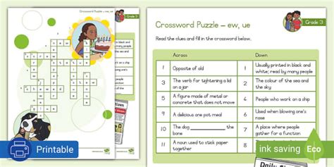 Grade 3 Phonics Ew Ue Crossword Puzzle Teacher Made