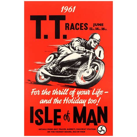 Rare Original Vintage Motorcycle Racing Poster For The 1961 Isle Of Man