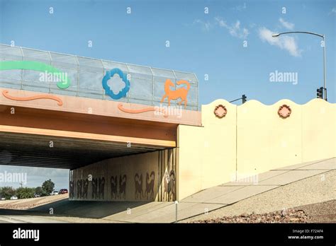 Decorative Elements On Pale Yellow Walls Of Arizona Highway Overpass