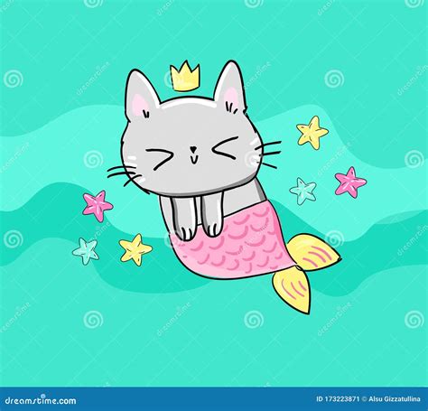 Kitten Mermaid And Stars On A Blue Background Hand Drawn Fantasy Cute