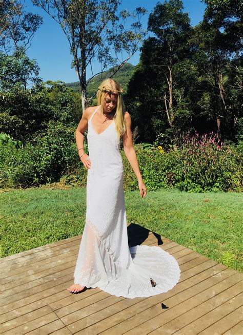 Divine Lace Bohemian wedding halter dress with train, Beach low back