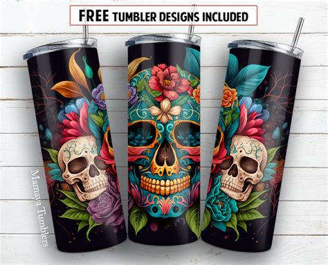 Sugar Skull And Flowers 20 Oz Skinny Tumbler Sublimation Design Floral