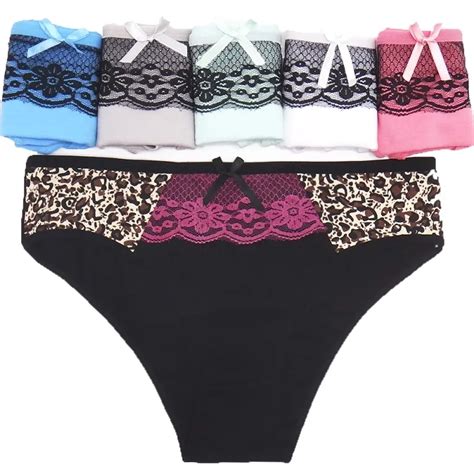 Sexy Leopard Panties Low Waist Bow Lace Patchwork Briefs Underwear Intimates Printed Brief For