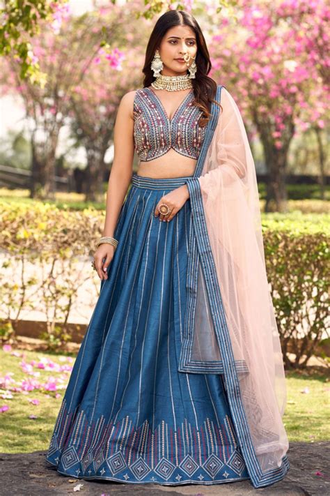 Peacock Blue Embroidered Art Silk Readymade Lehenga Choli