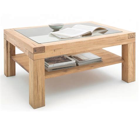 Table Basse En Chêne Sauvage Avec Plateau En Verre Et Étagère L 120 X