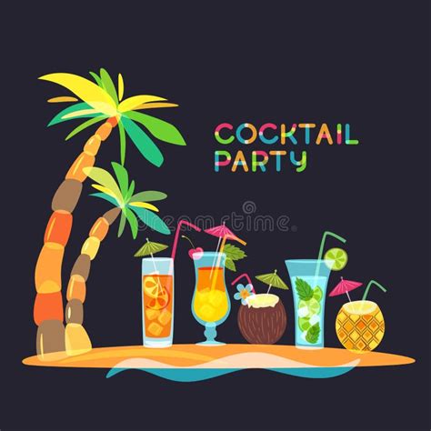 Cocktail Beach Party Concept Doodle Illustration Tropical Island With