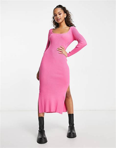 Stradivarius Square Neck Knit Midi Dress In Hot Pink Asos