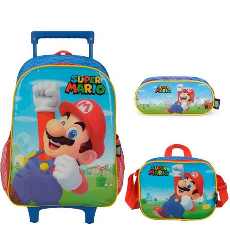 Mochila Infantil Rodinhas Super Mario Lancheira E Estojo Azul Mix