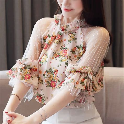 Elegante Floral Feminino Impresso Camisa Chiffon Roupas Femininas Ver O