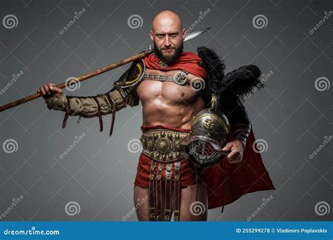 Greek Warrior With Long Spear And Plumed Helmet Stock Photo Image Of