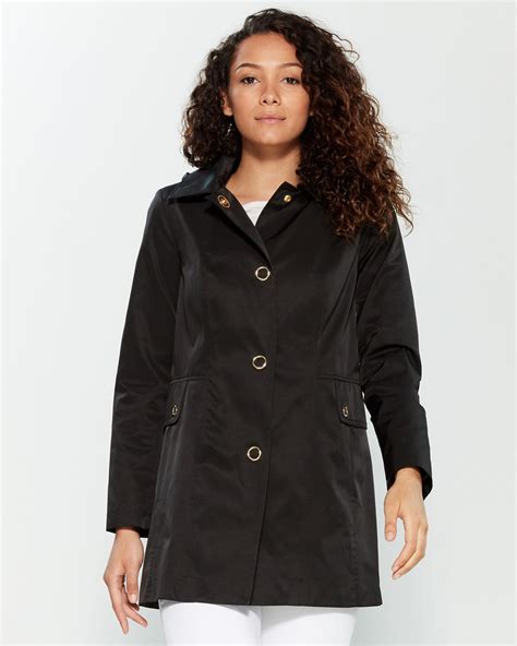 Anne Klein Snap Front Hooded Raincoat In Black Lyst