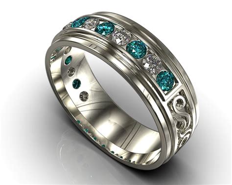 Diamond Blue Diamond Mens Wedding Band White Gold Etsy
