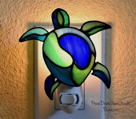 Sea Turtle Stained Glass Sea Turtle Night Light Tropical Etsy Stained Glass Coastal Decor