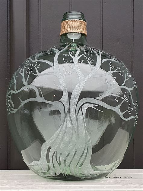 Large Glass Bottle Hand Etched With A Tree Design Burnt Offerings