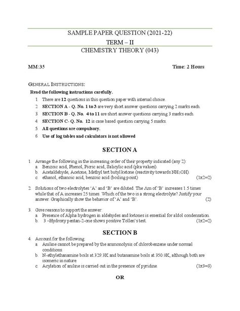 Cbse Class 12 Sample Paper 2022 For Chemistry Term 2