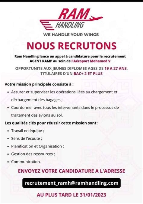 RAM Handling recrute des Agents RAMP Jeunes Diplomés