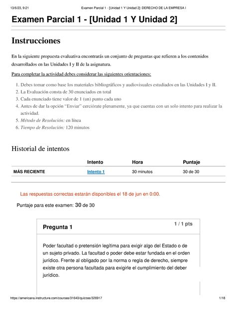 Examen Parcial 1 Unidad 1 Y Unidad 2 Derecho DE LA Empresa I