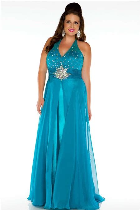 A Line Halter Long Teal Chiffon Beaded Plus Size Party Prom Dress