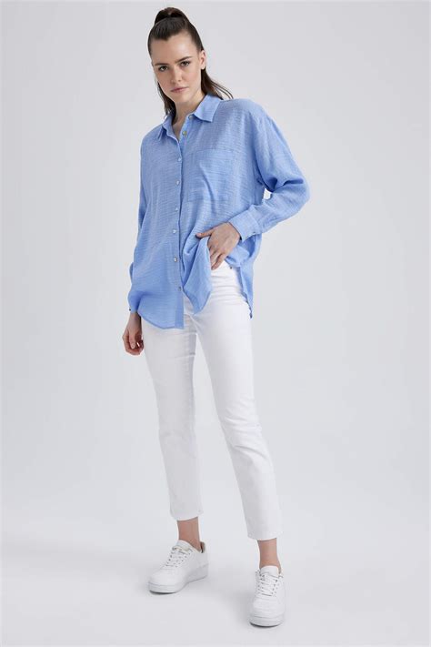 Blue Woman Oversize Fit Shirt Collar Linen Look Long Sleeve Shirt