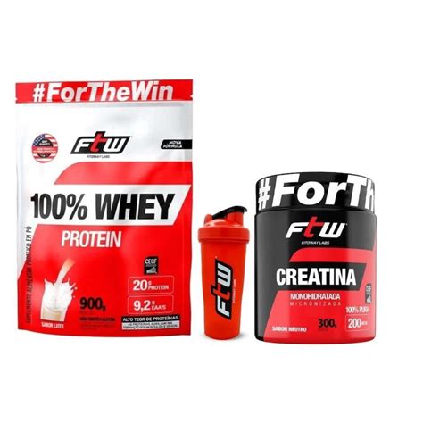 Kit Whey Protein FTW 100 Refil 900g Leite Coqueteleira