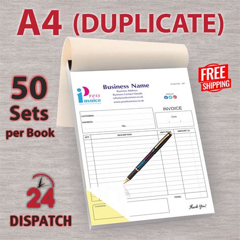 Personalised A4 Duplicate Invoice Book Receipt Book Ncr Pad 50 Sets