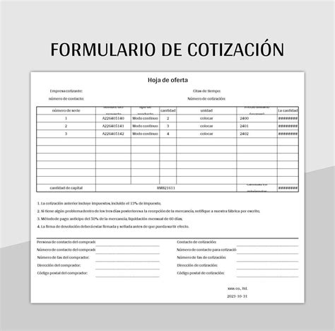 Plantilla de Excel Formulario De Cotización y Hoja de Cálculo de Google