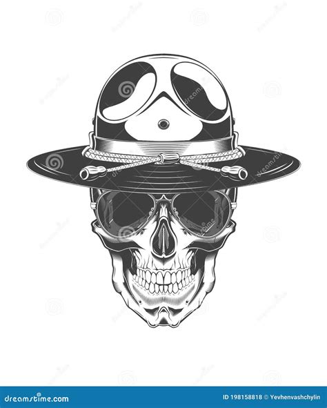 Vintage Monochrome Illustration Of Skull With Police Headdress And