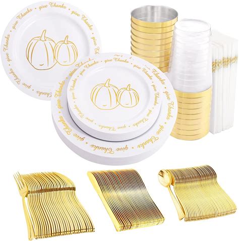 Amazon Supernal Pcs Thanksgiving Plastic Dinnerware Set Gold