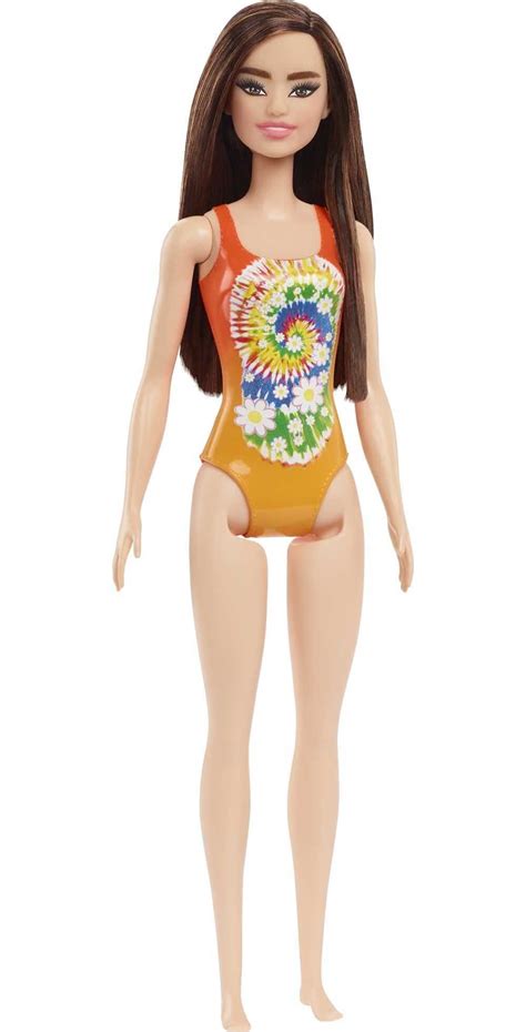 Barbie Swimsuit Beach Doll with Brown Hair & Orange Tie-Dye Suit ...