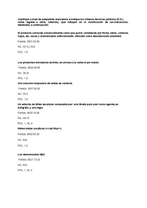 Clasifique A Nivel De Subpartida Arancelaria E Indique Los Criterios