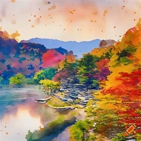 Colorful Japanese Landscape With Rippling Reflection In Watercolor On