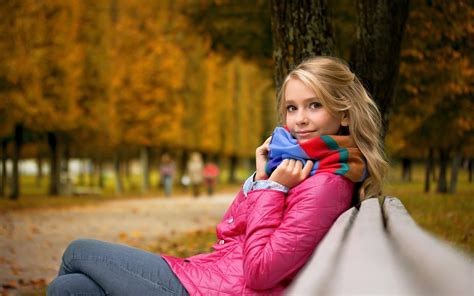 Fall Park Pink Jacket Blonde Scarf Face Smiling Depth Of Field