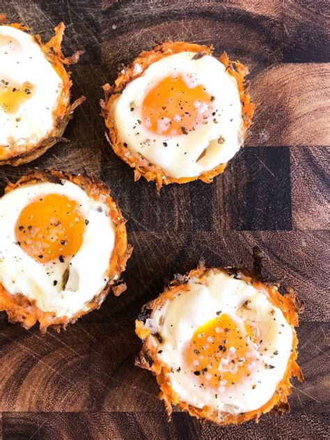 Shredded Sweet Potato Baked Egg Nests Recipe Potato Egg Bake Baked Eggs Recipes