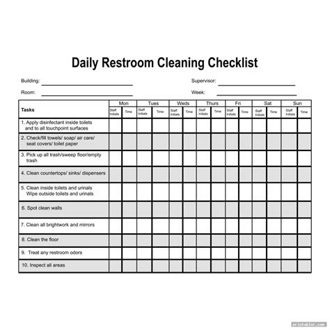 Restroom Cleaning Log Template Printable - Gridgit.com