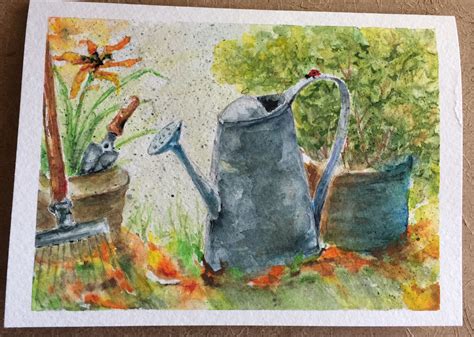 Garden Watering Can Watercolor Painting End Of Summer Beginning Of