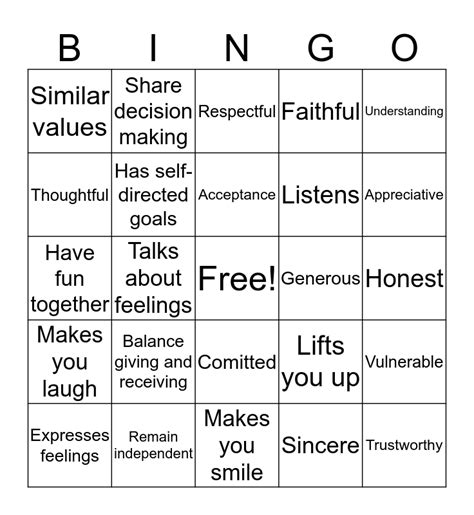 Healthy Relationships Bingo Card