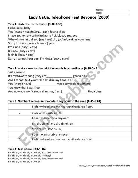 Telephone Lady Gaga Beyonce Esl Worksheet By Shacurington