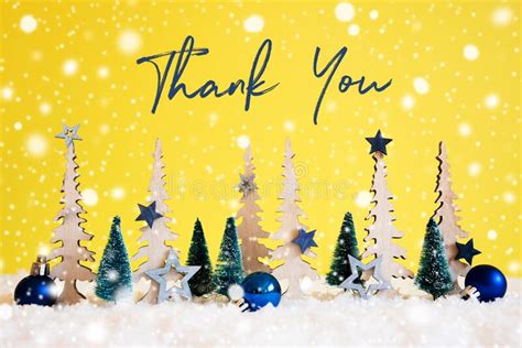 Christmas Tree Snowflakes Blue Star Ball Text Thank You Yellow