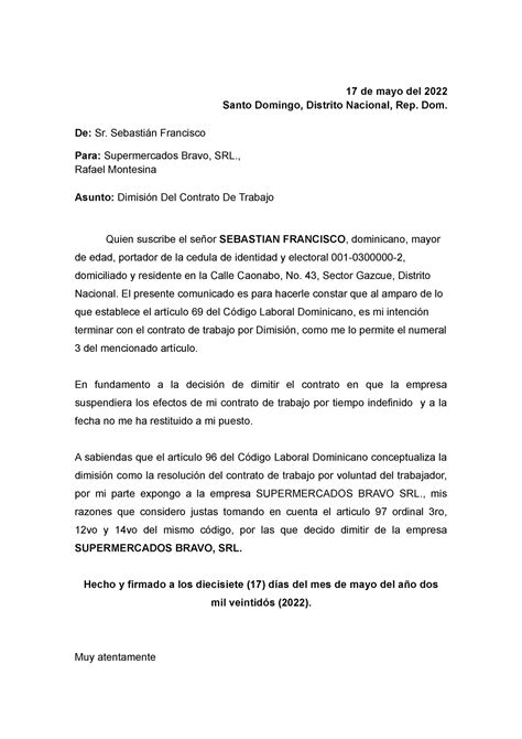 Carta De Dimision A La Empresa 17 De Mayo Del 2022 Santo Domingo